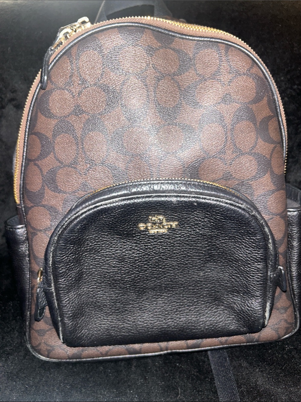 Coach Brown Signature Canvas Mini Backpack with Black Leather Pocket